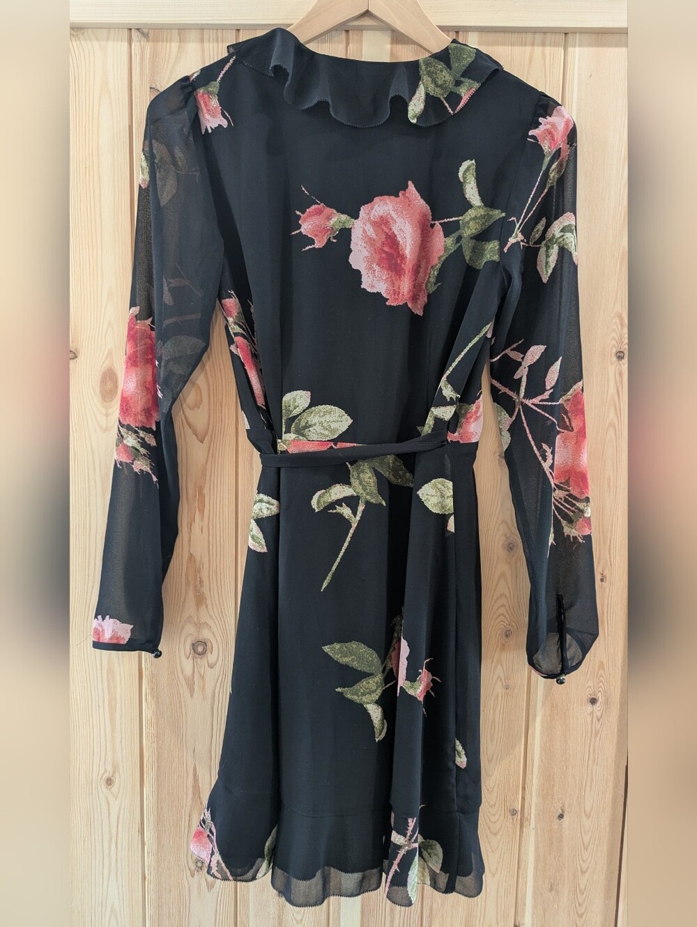 Wilfred Black Floral Wrap Dress Sheer Sleeve Mini Dress - Picture 6 of 9